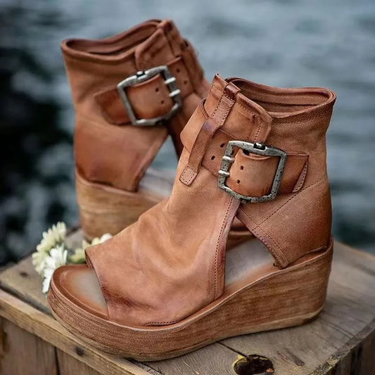 Renee | Retro Buckle Wedge Sandals